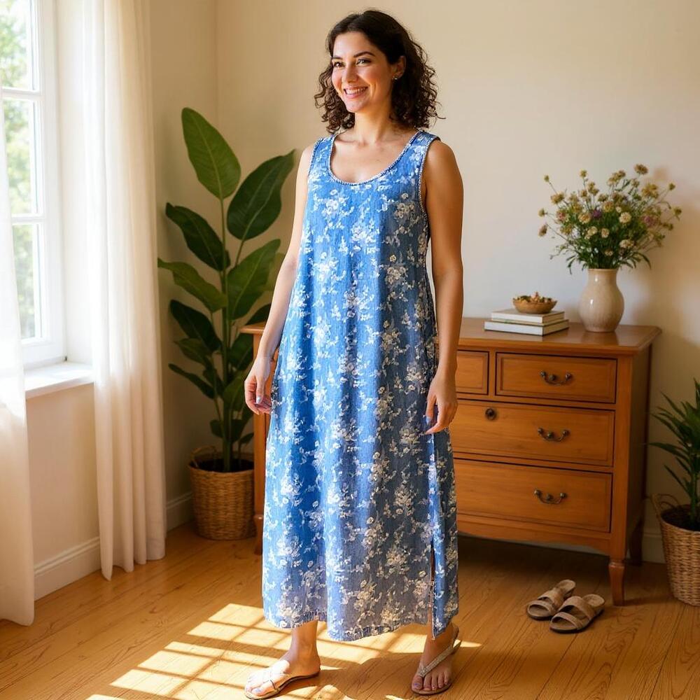 COLDWATER CREEK Vintage 90s Teacher Floral Denim Pinafore Dress Blue Womens 20W